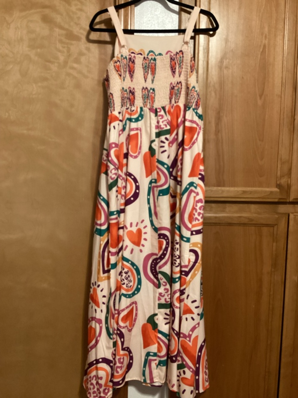 Cream Heart-Print Maxi Dress - Orange, Pink, Purple & Teal, EUC - Picture 4 of 8